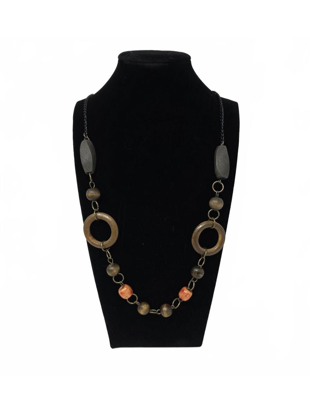 Vintage Boho Statement Necklace Wood Bead Chunky Earthy Orange 17 Inch